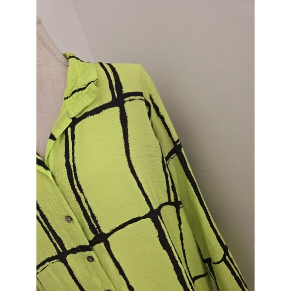 John Mark Abstract Neon Green Black Collared Roll Tab Tunic Blouse Top Shirt XL - Picture 3 of 12